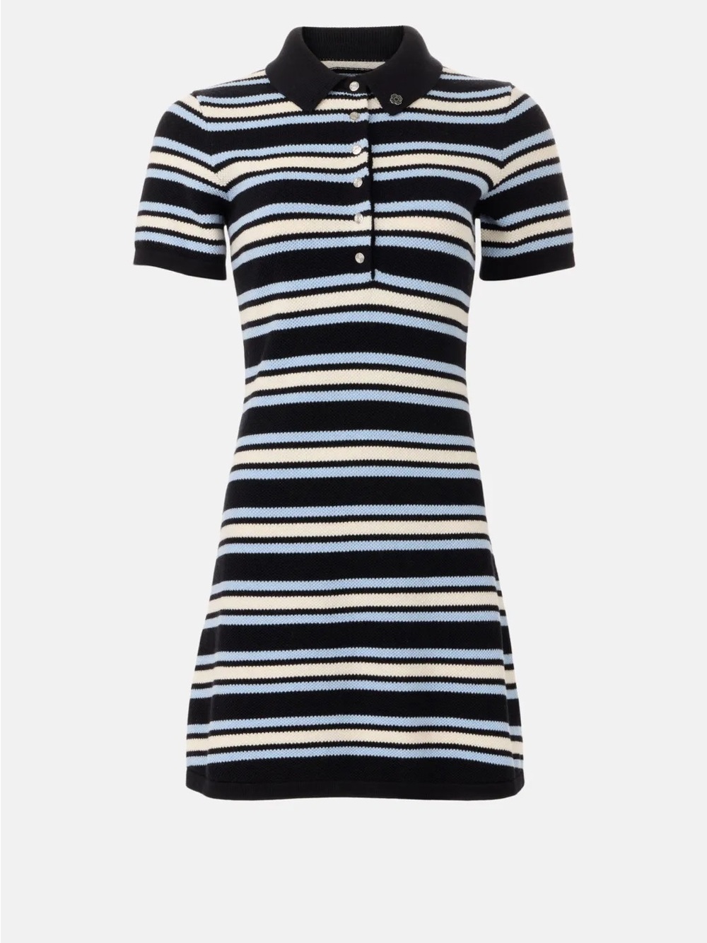 By MAJE Striped Knit Polo Dress in Black, White & Light Blue